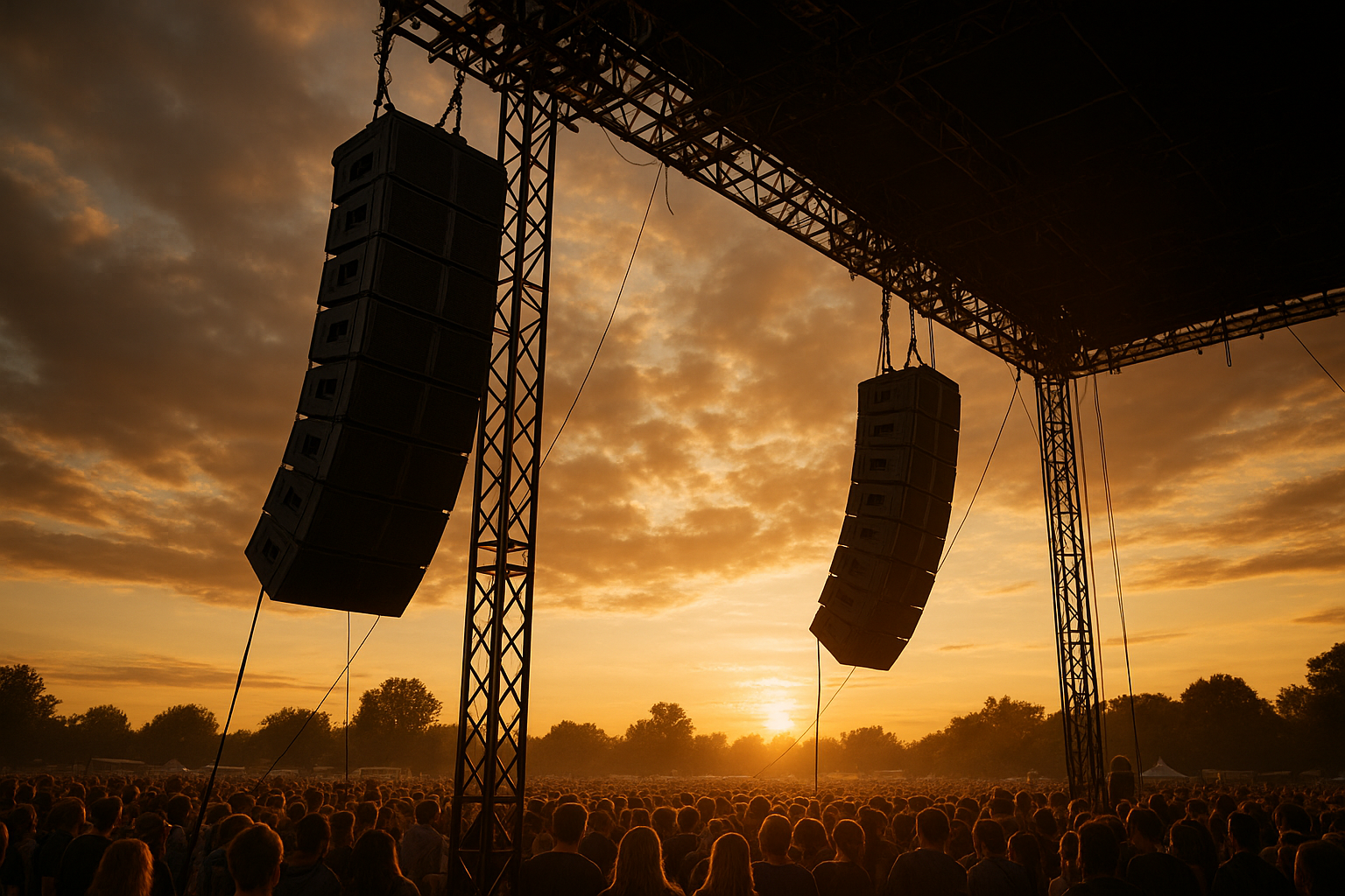 Professional outdoor event sound system with line array speakers on a festival stage at golden hour