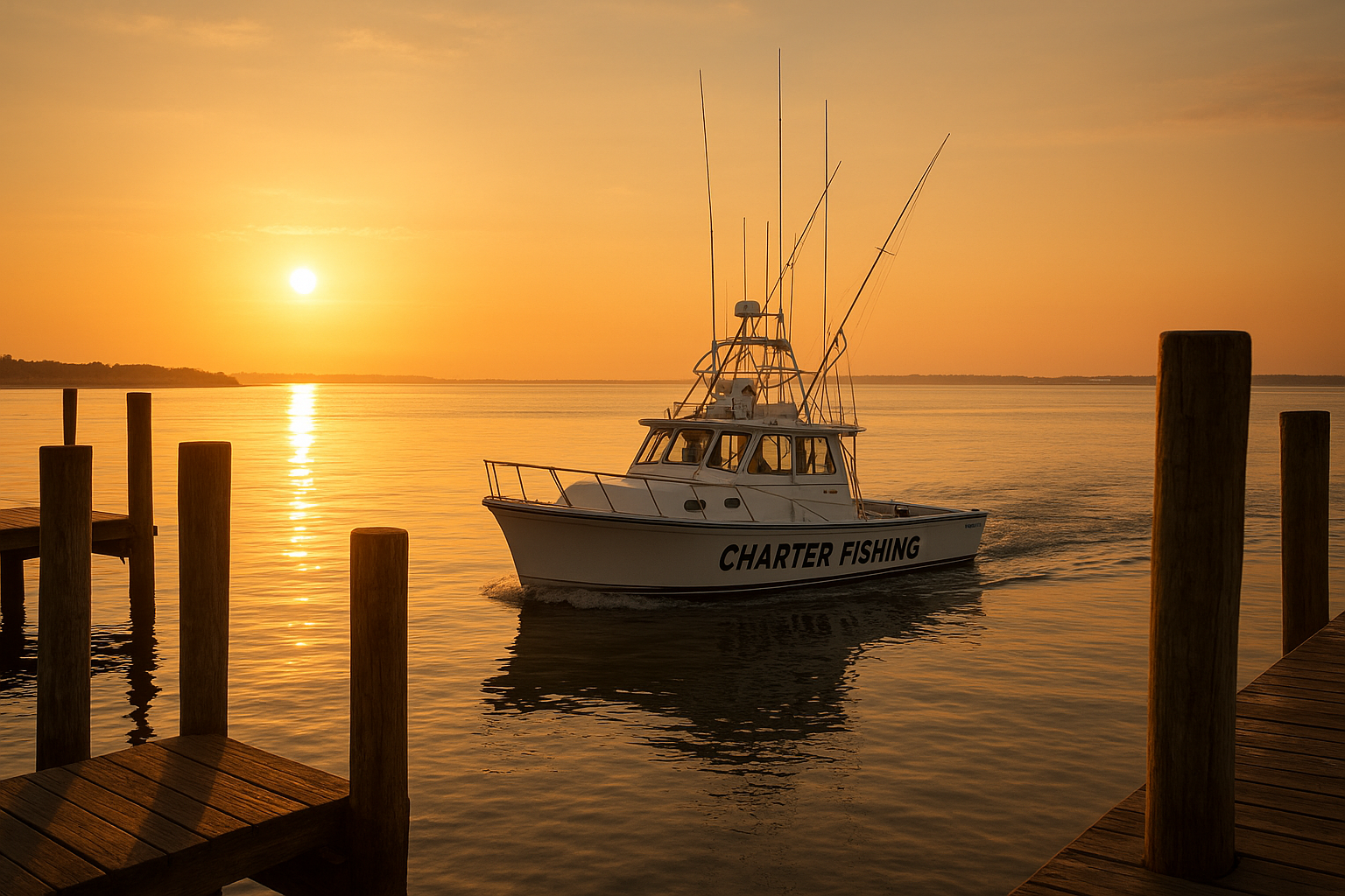 Charter boat departing marina at sunrise for Myrtle Beach shark season charter trips