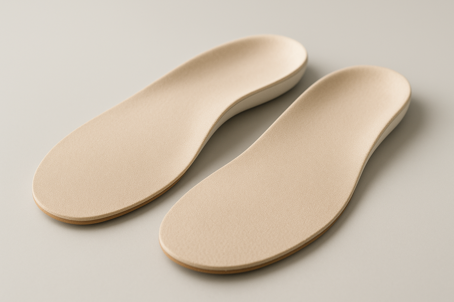 Pair of finished custom orthotic insoles with extra heel cushioning for pain relief