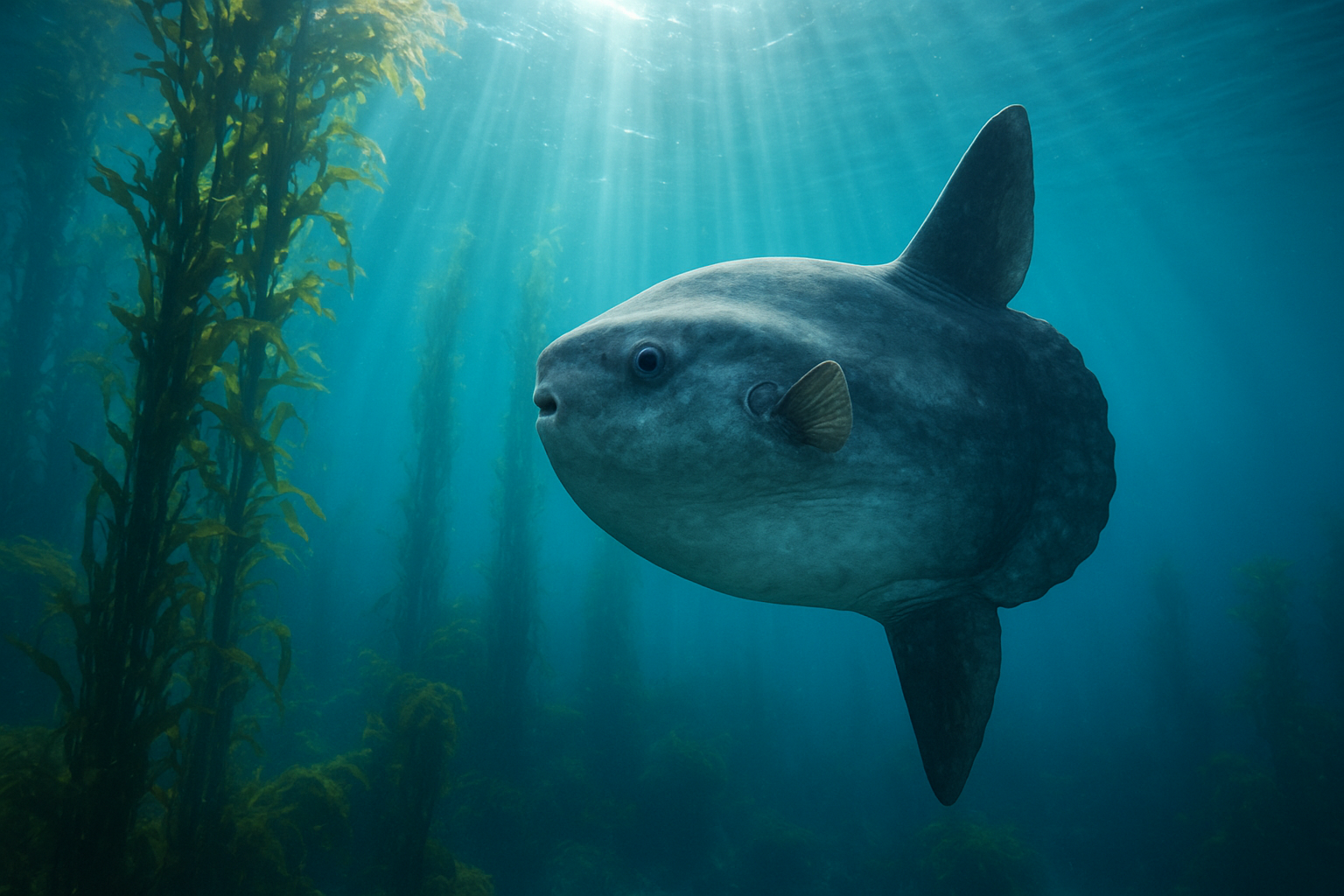 Ocean sunfish swimming near kelp during a summer snorkel excursion off San Diego