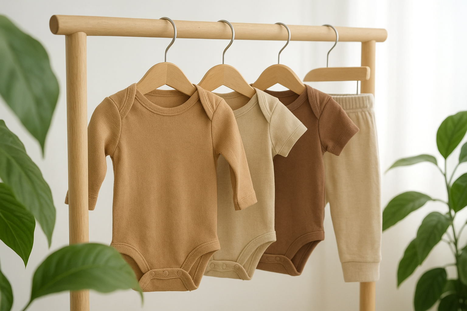 Soft organic cotton baby clothes on a rental wardrobe rail emphasising sustainable fashion