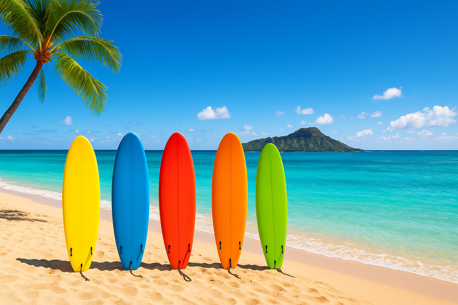 Colorful foam surfboards lined up on Waikiki Beach ready for rental with turquoise ocean in background