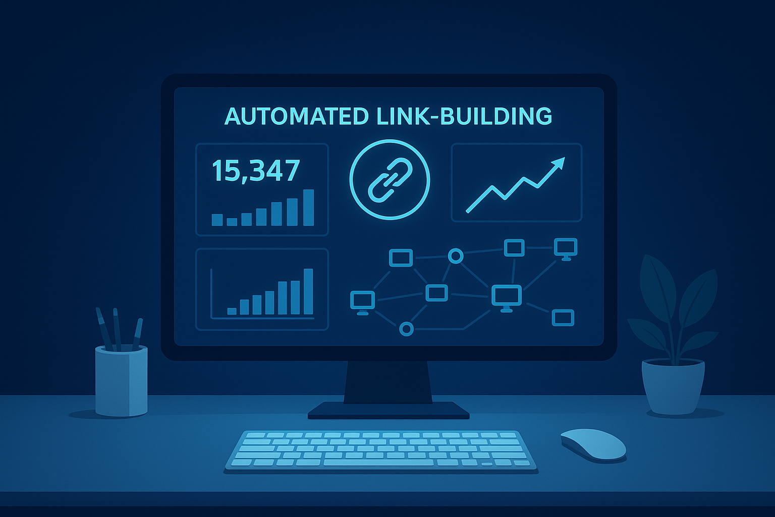Off-page SEO automation dashboard showing link building metrics and authority growth