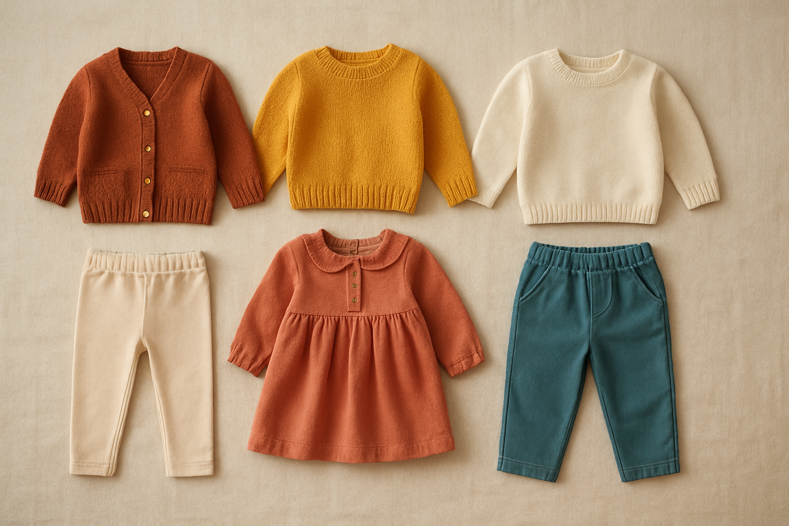Curated family-friendly clothing rental bundle of premium children's garments arranged on a light linen surface