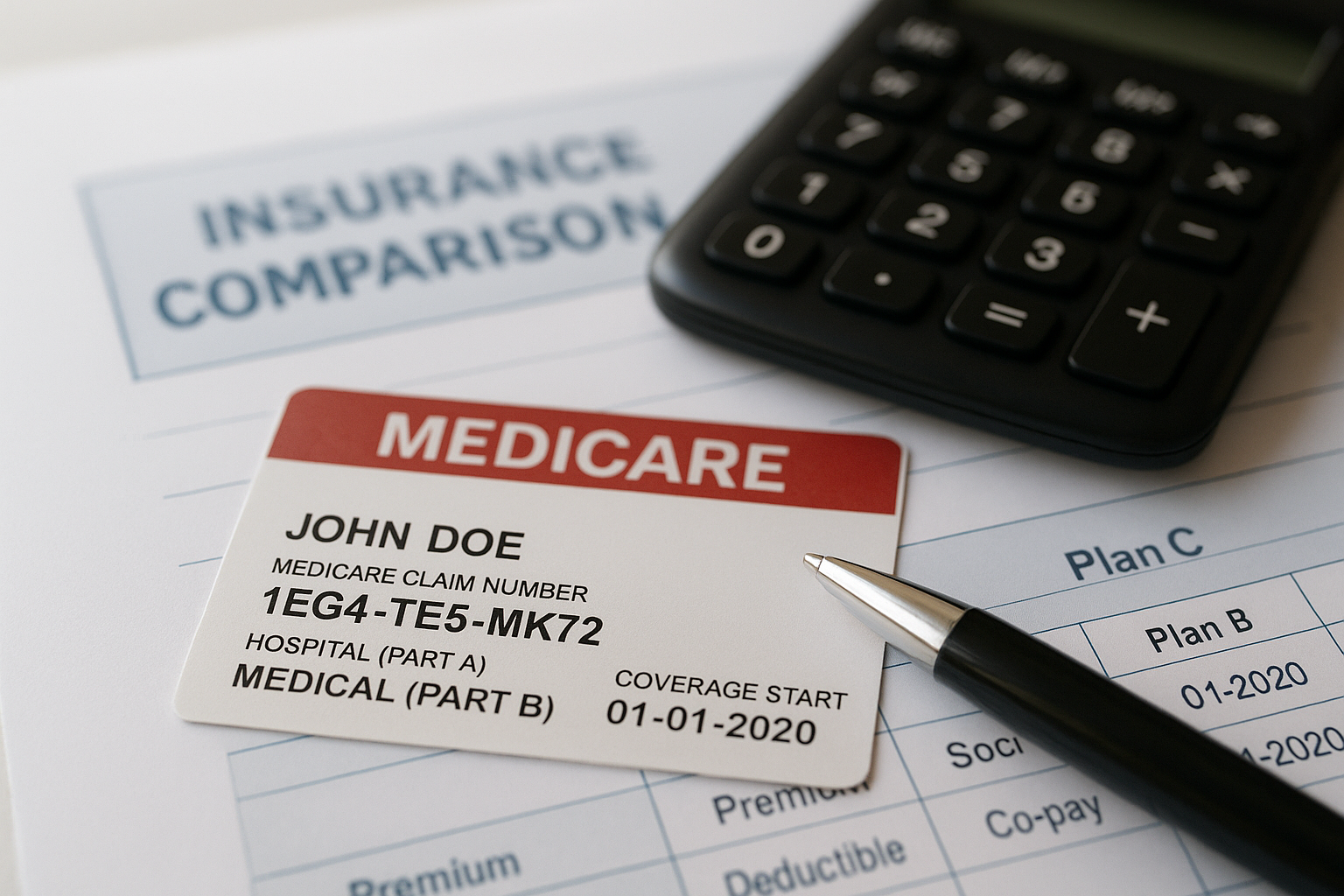 Medicare card and calculator used to review Medicare supplement plan pricing