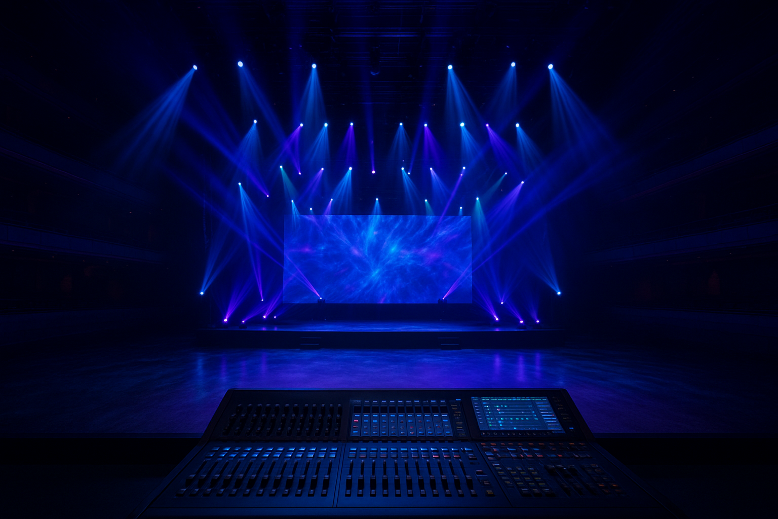 Professional event AV production services stage with LED video wall and intelligent lighting