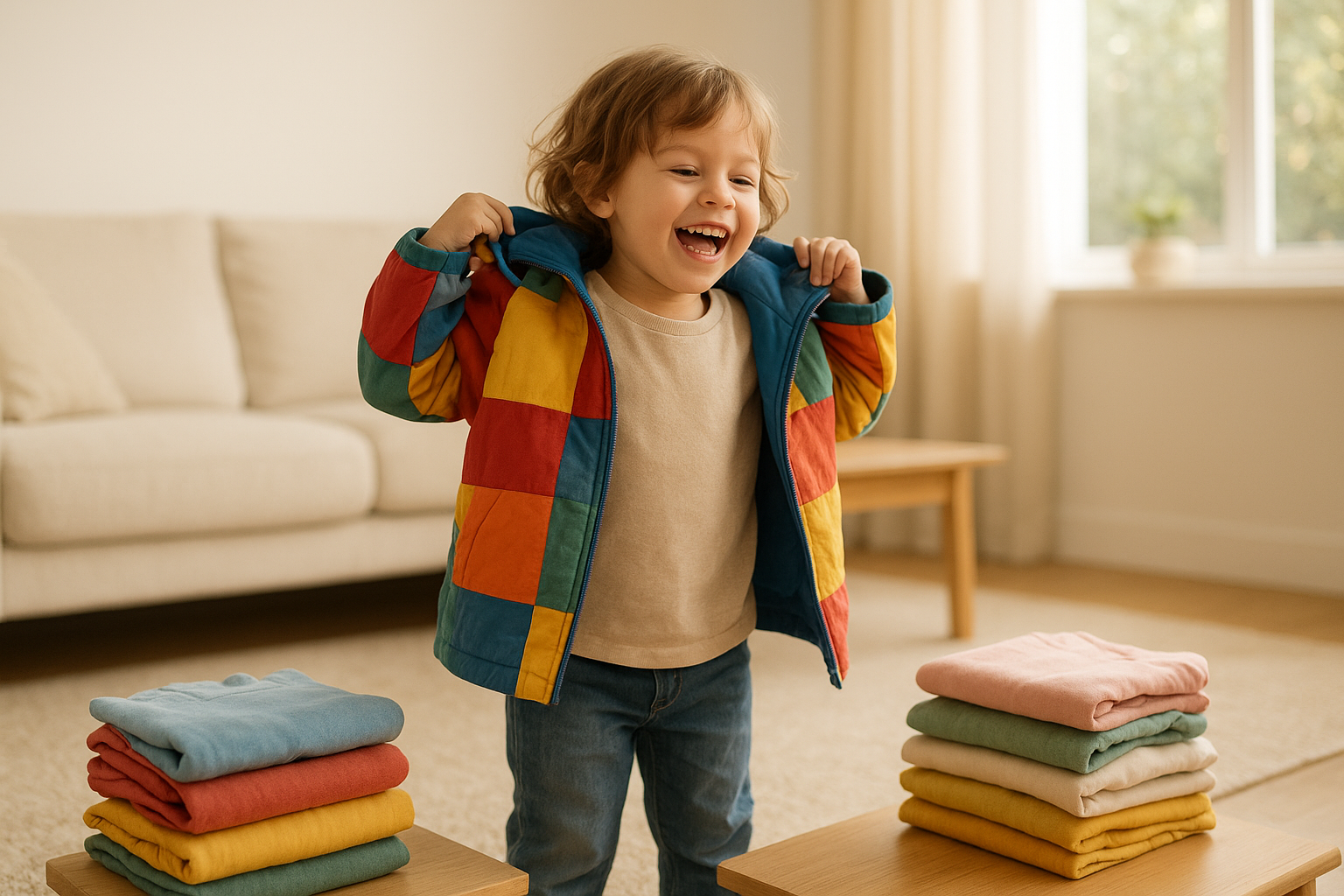 Young child trying on clothes received through a kids clothing exchange program