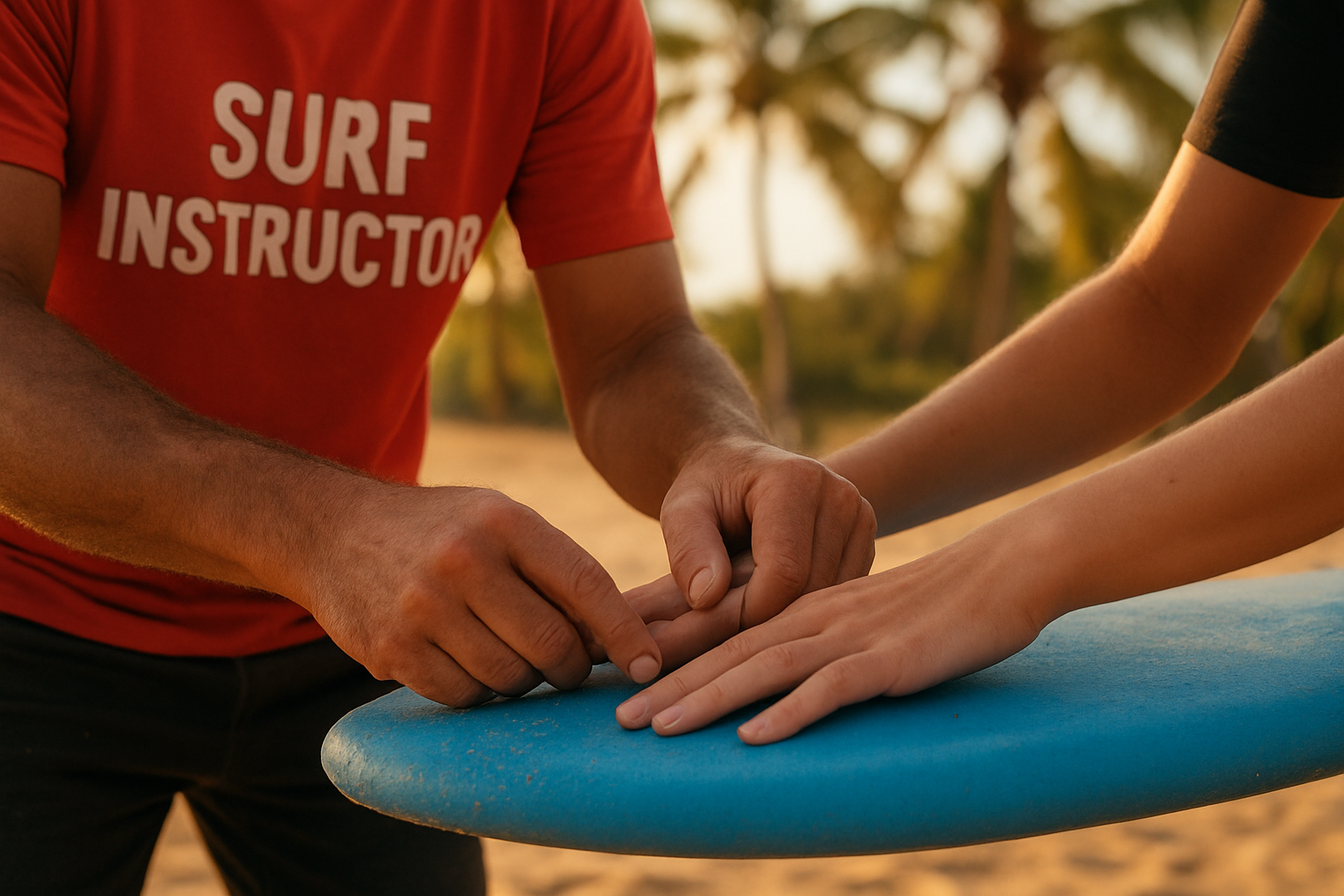 surf instructor adjusting student grip on surfboard during a Hawaii surf lesson