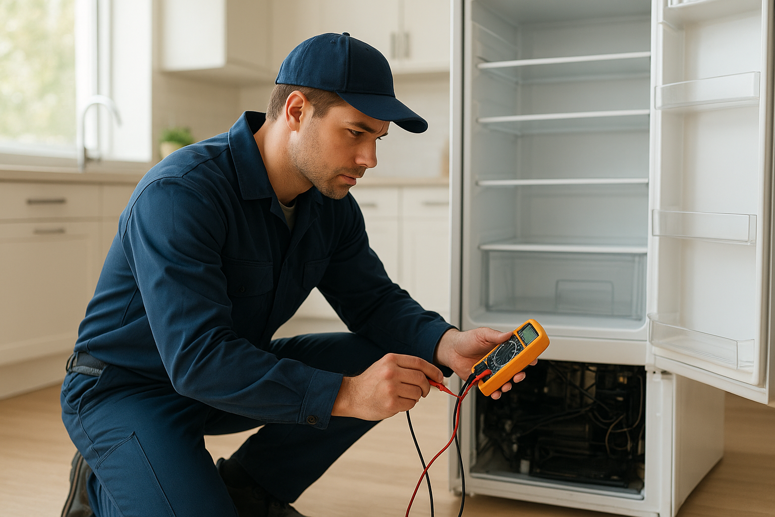 local repair technicians diagnosing a refrigerator issue in a home kitchen