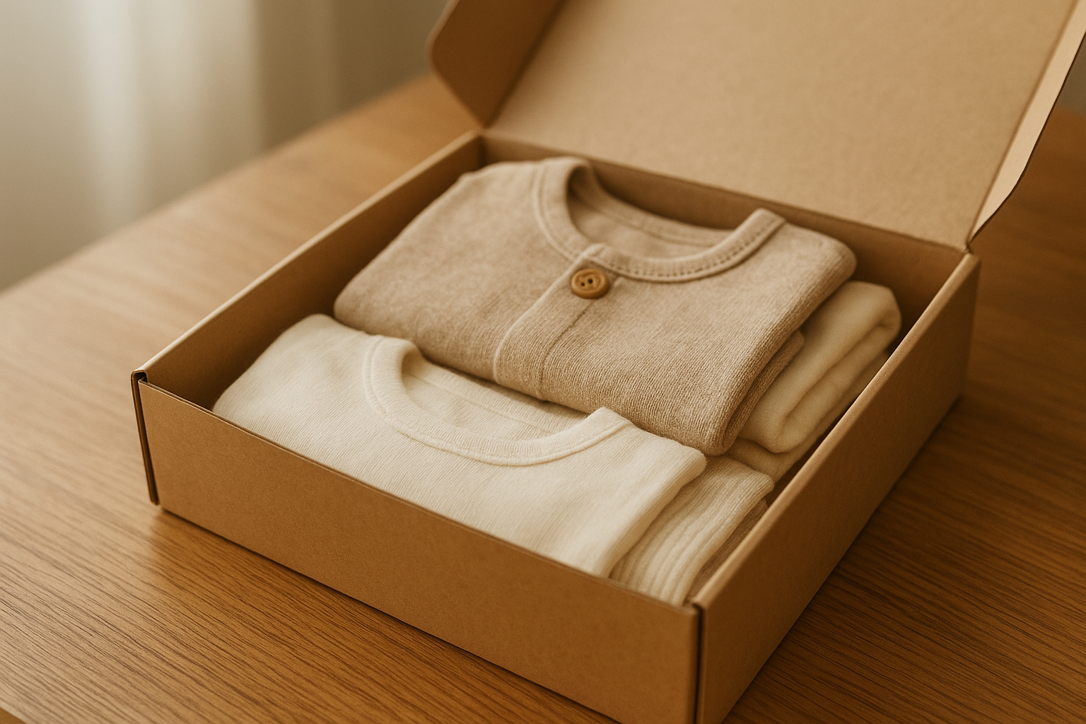 Children's clothing bundle packed for return in an eco-friendly mailer for a kids clothing rental service