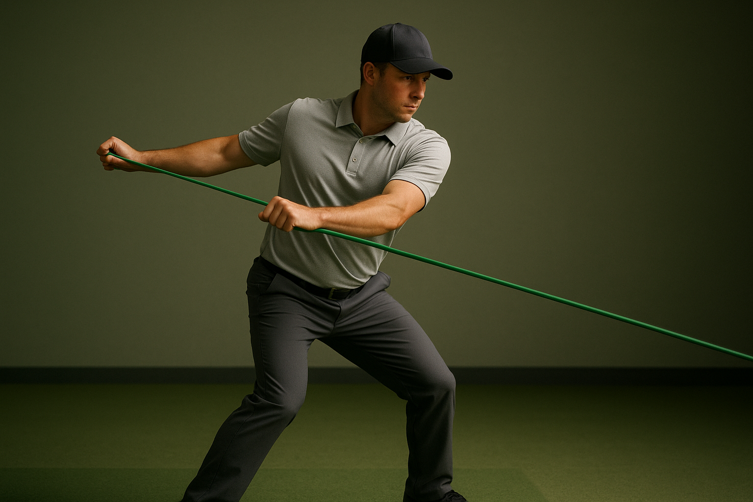 Golfer using a resistance band during a rotational drill for power and swing control training