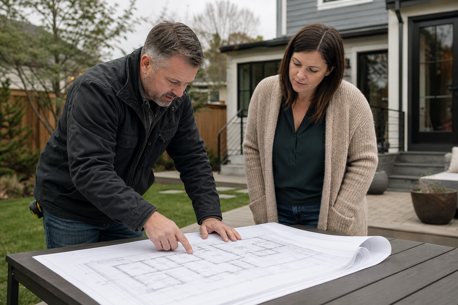 Contractor and homeowner reviewing ADU second unit building services floor plans