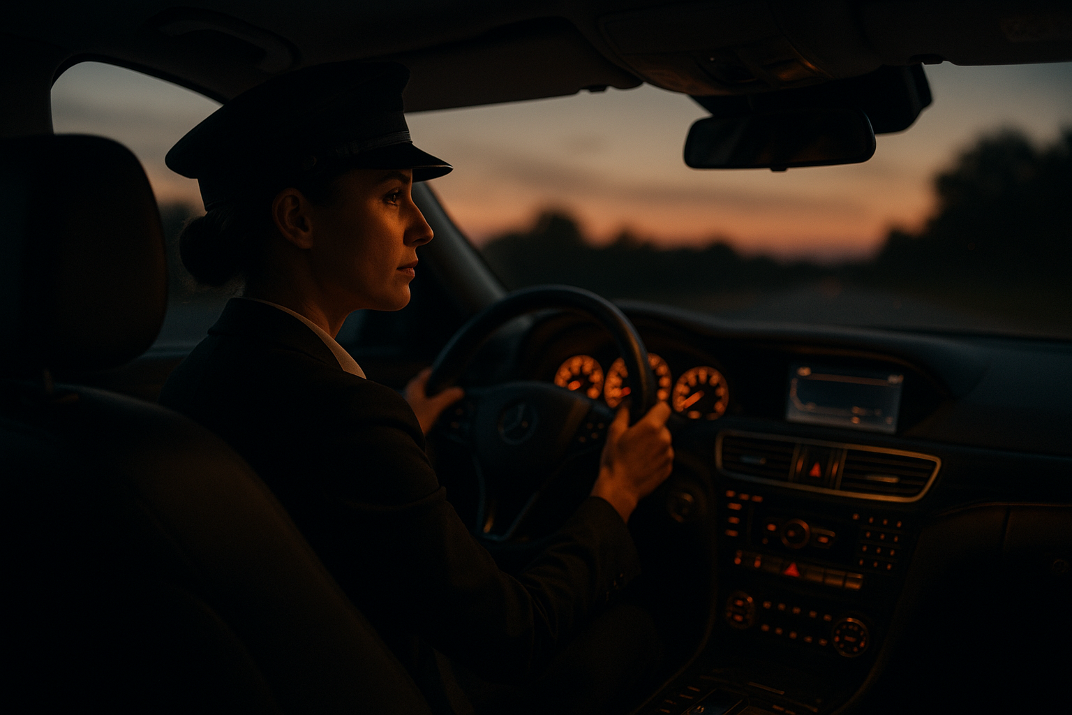 Female chauffeur driving a luxury sedan with calm focus during an evening trip