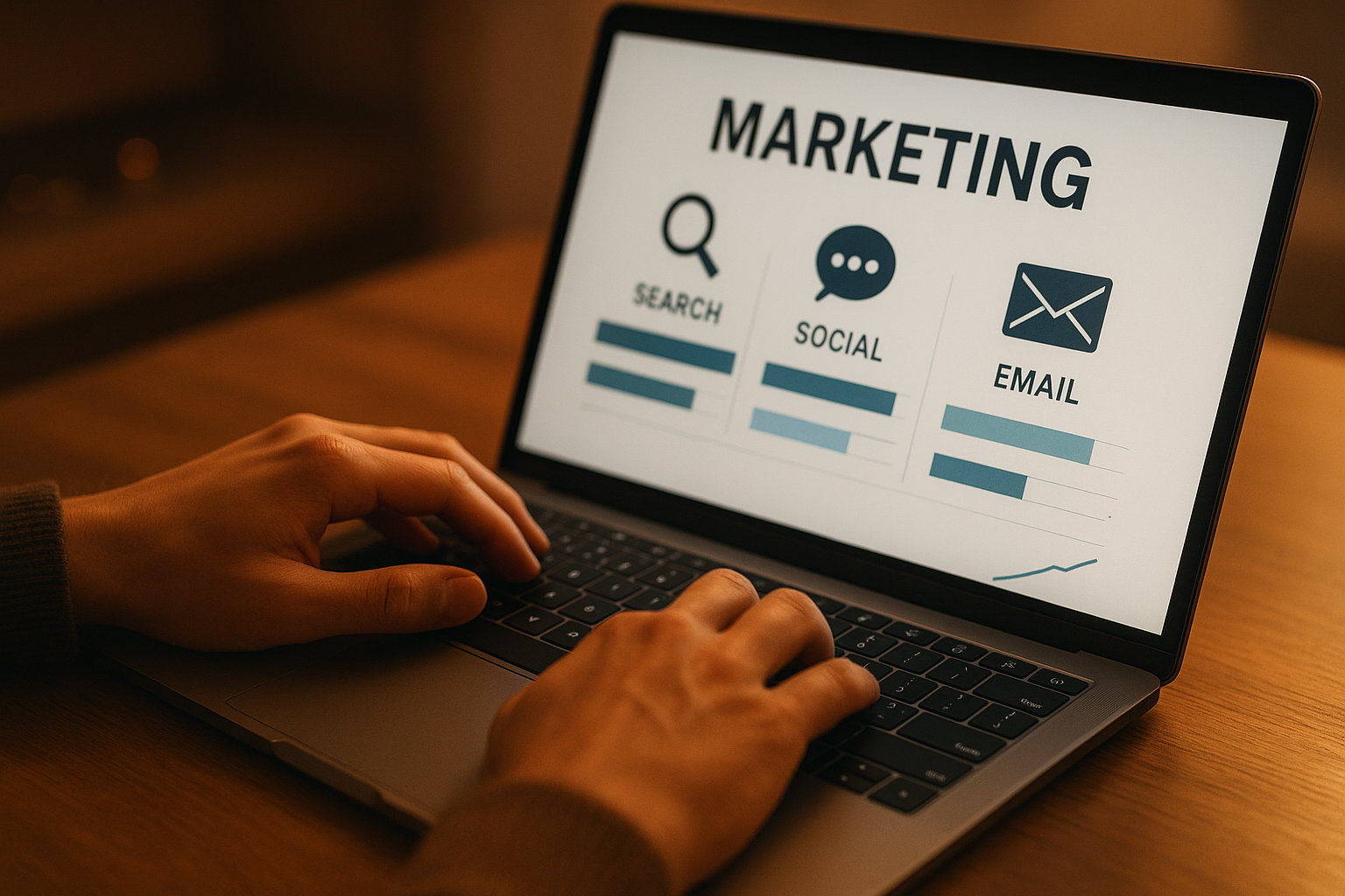 Marketer reviewing AI-generated campaign analytics on a laptop screen