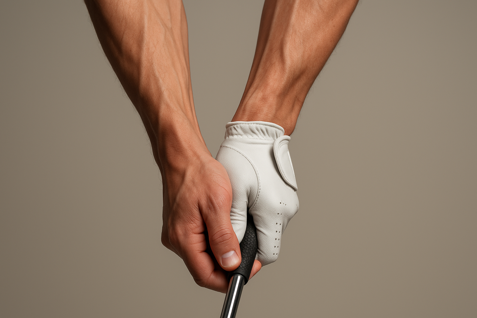 Close-up of proper golf grip tension to help prevent wrist and forearm strain