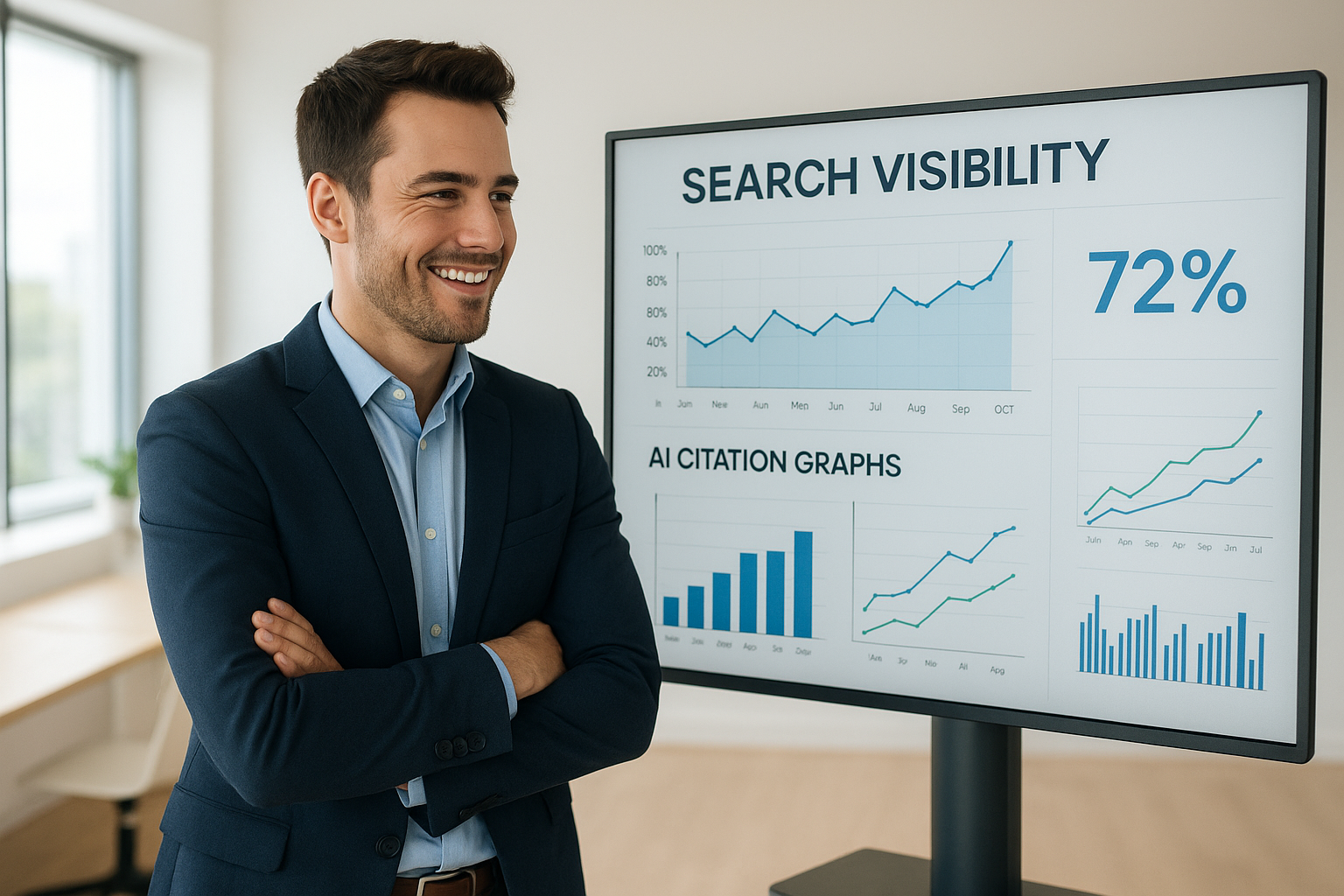 Marketer reviewing AI search visibility metrics on a dashboard screen