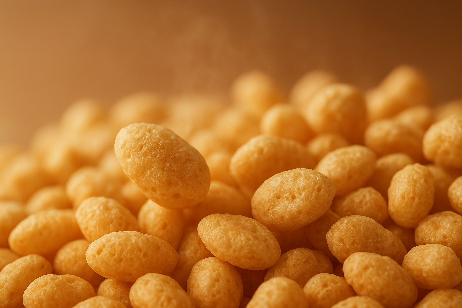 Close-up of grain cereal expanding during a gentle puffing process rather than extrusion