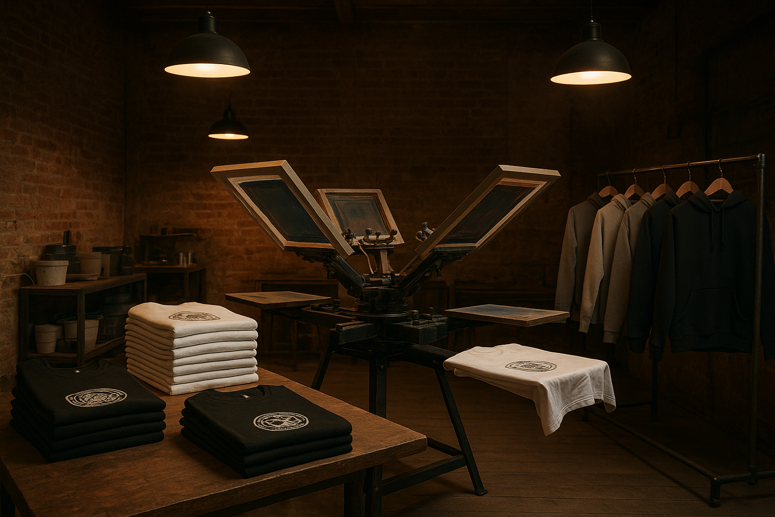 In-house screen printing workshop producing custom apparel orders