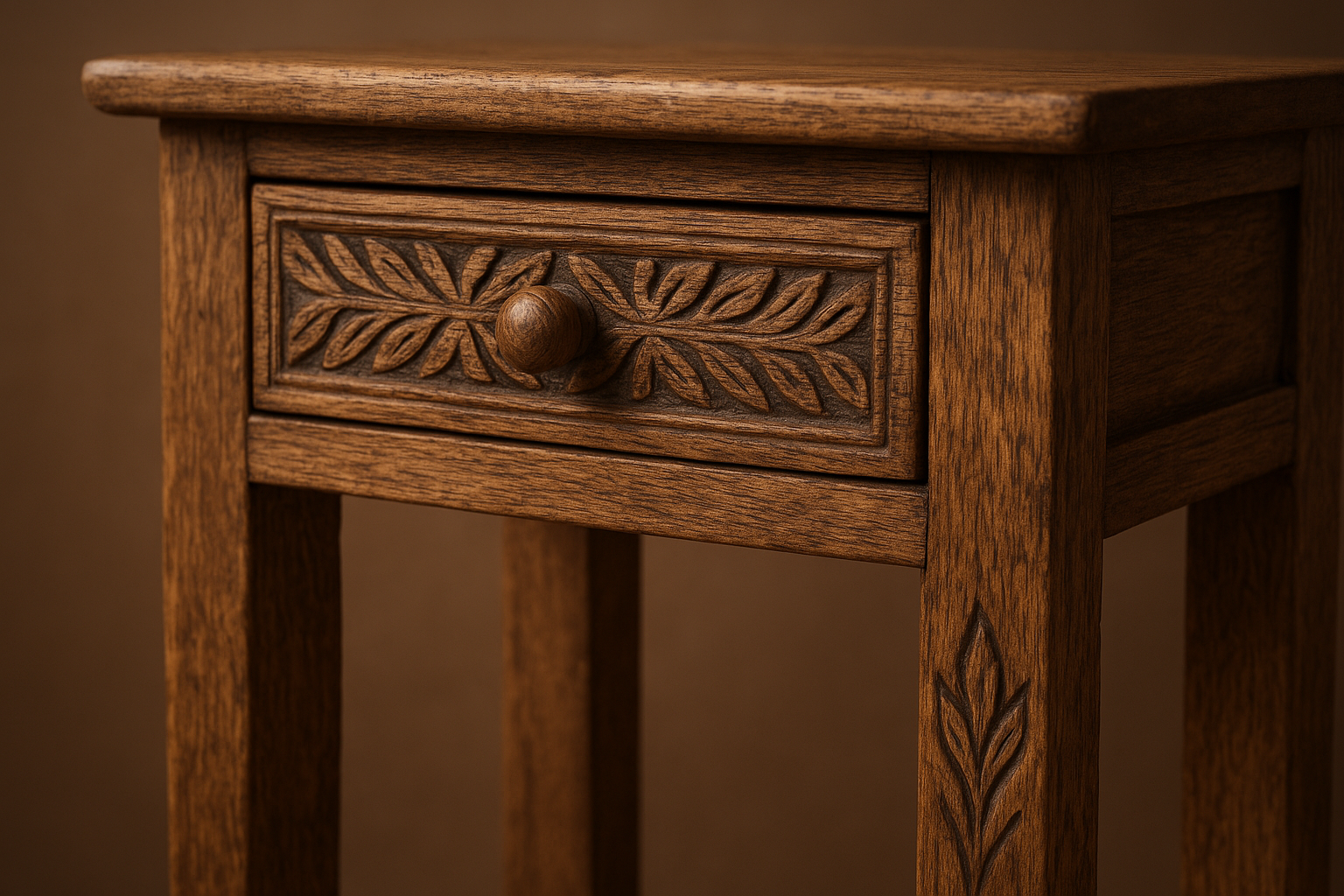 Close-up of carved wood detail on a solid wood console table drawer