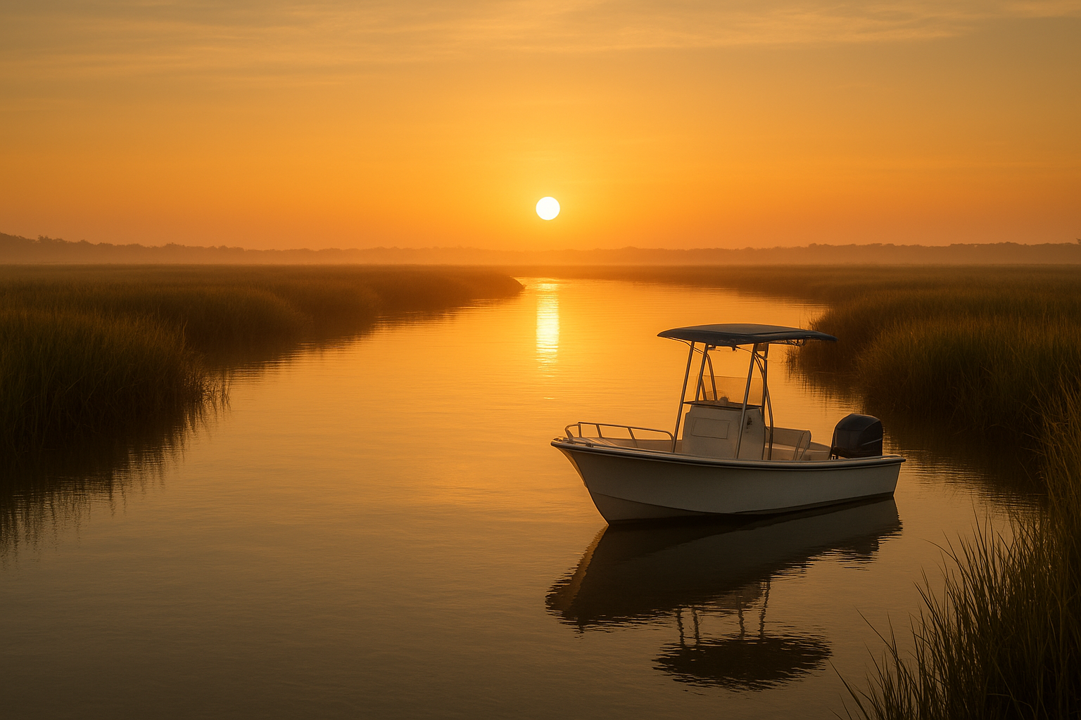 Private charter boat drifting a backwater creek during a North Myrtle Beach sea trout fishing charter at sunrise