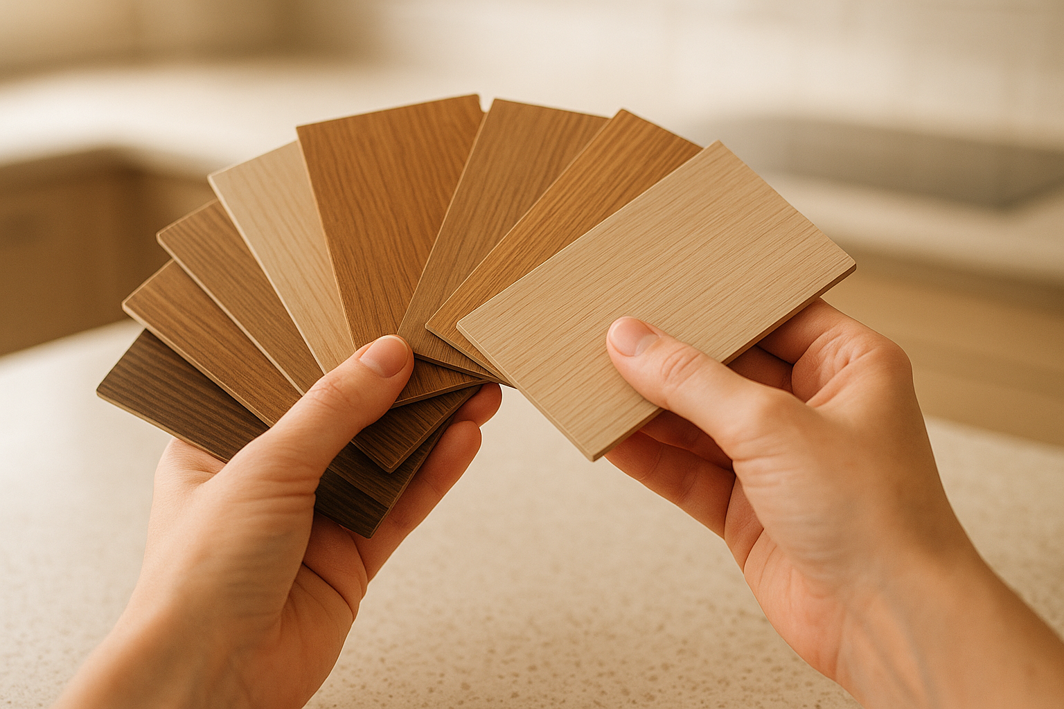 Wood veneer and laminate sample swatches used to weigh material choices for cabinet refacing