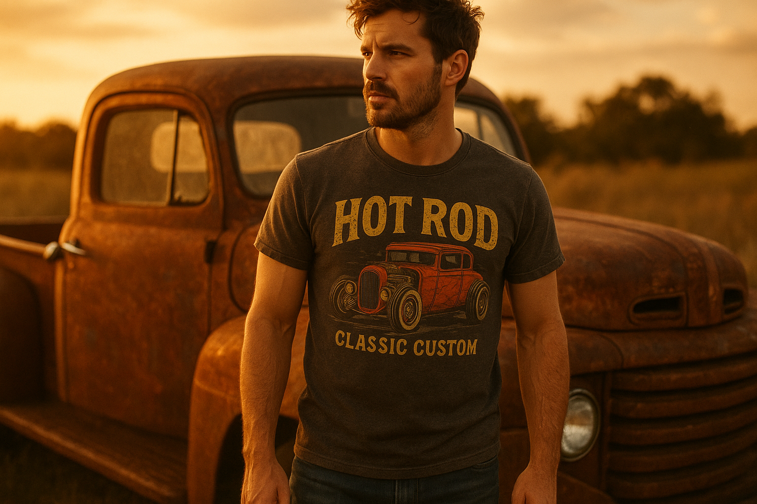 Person wearing a vintage-inspired rat rod shirt near a classic rusted truck at sunset
