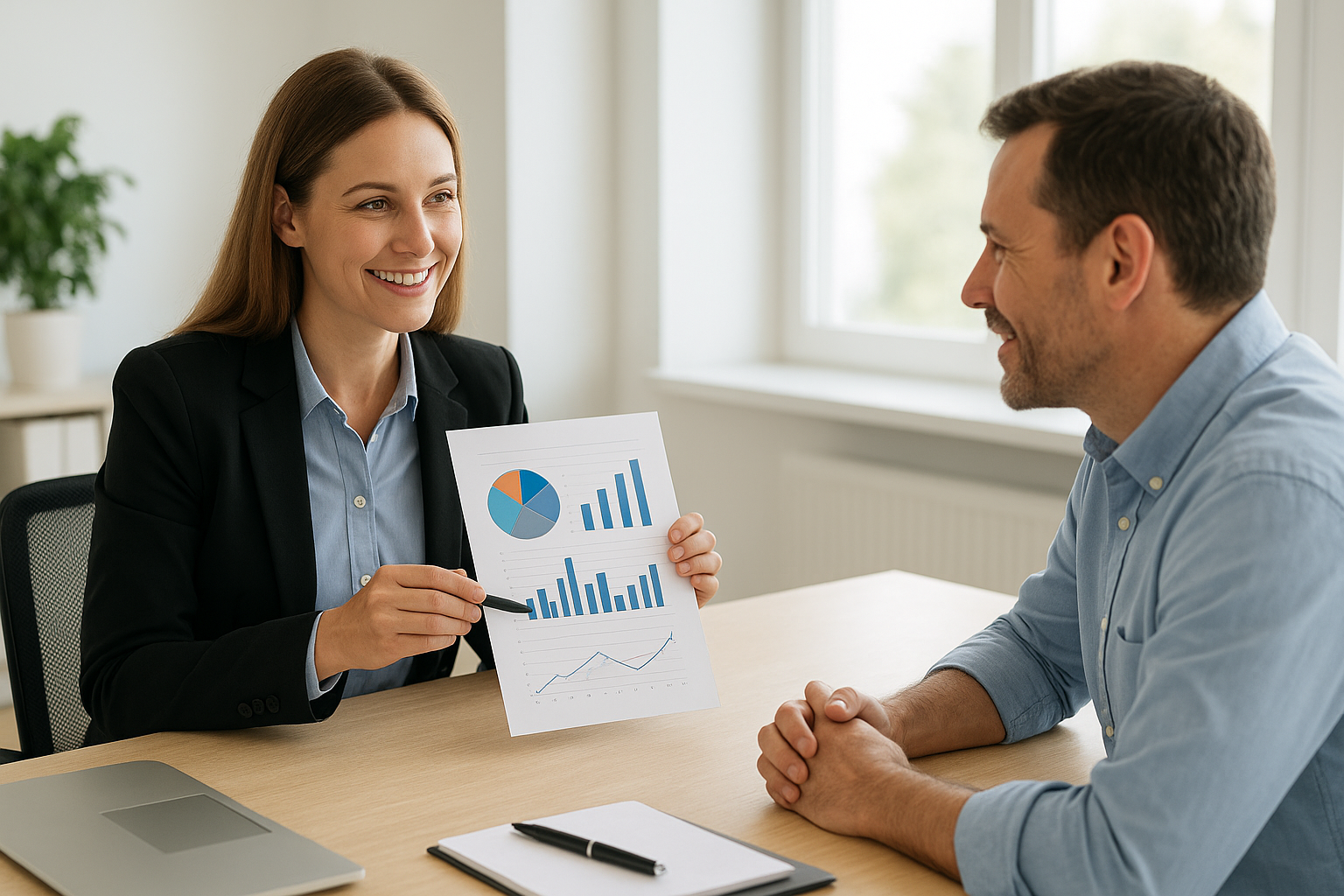 HR consultant presenting HR risk assessment services findings to a small business owner
