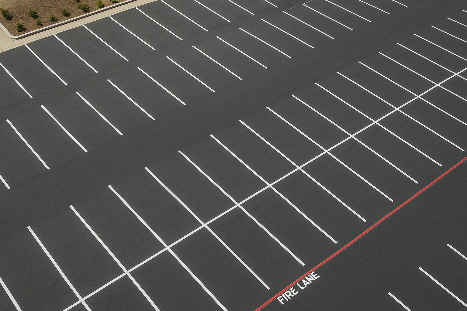 Overhead view of an organized commercial parking lot after professional line striping in North Texas