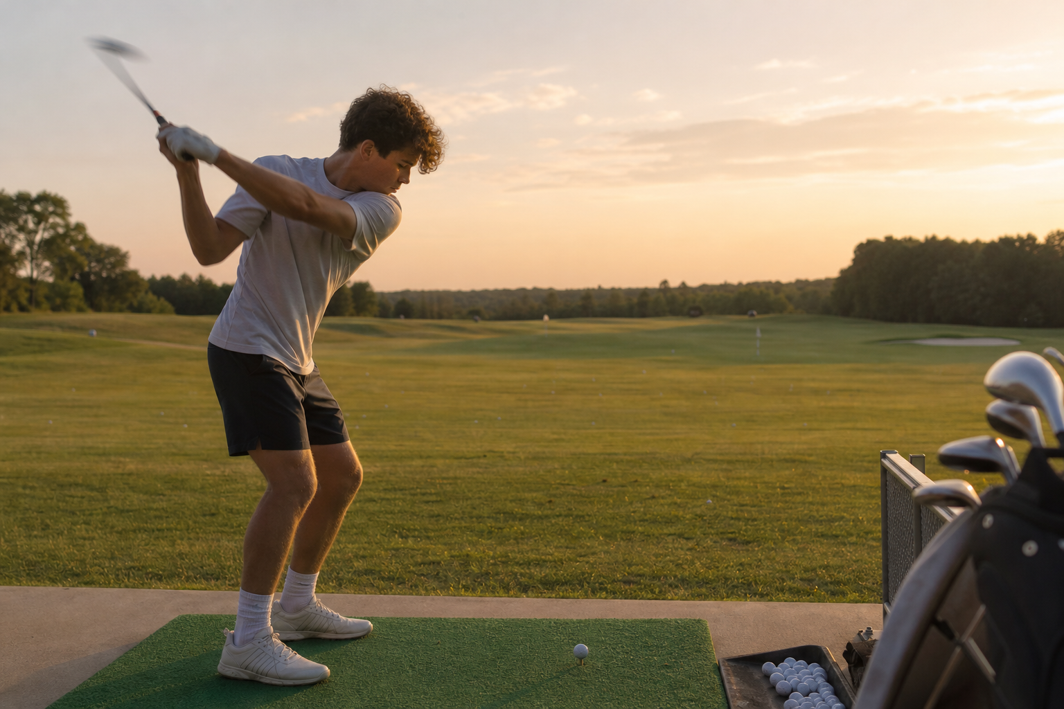 Golfer practicing swing mechanics outdoors during a structured training session