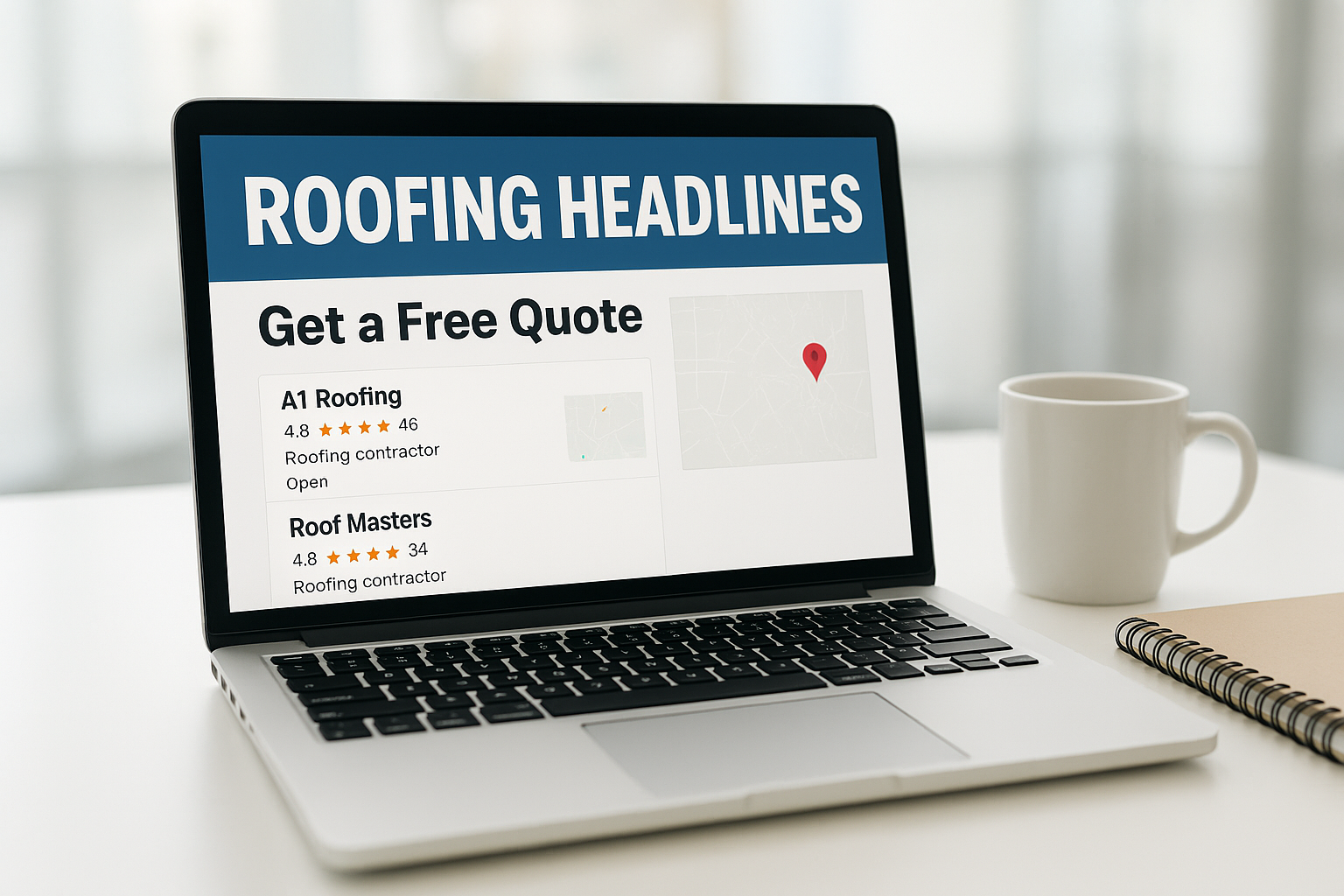 Laptop screen showing finished roofing ad headlines ready to publish