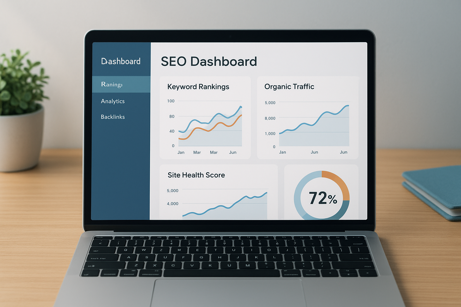 Search engine optimisation tool dashboard showing keyword rankings and site health metrics