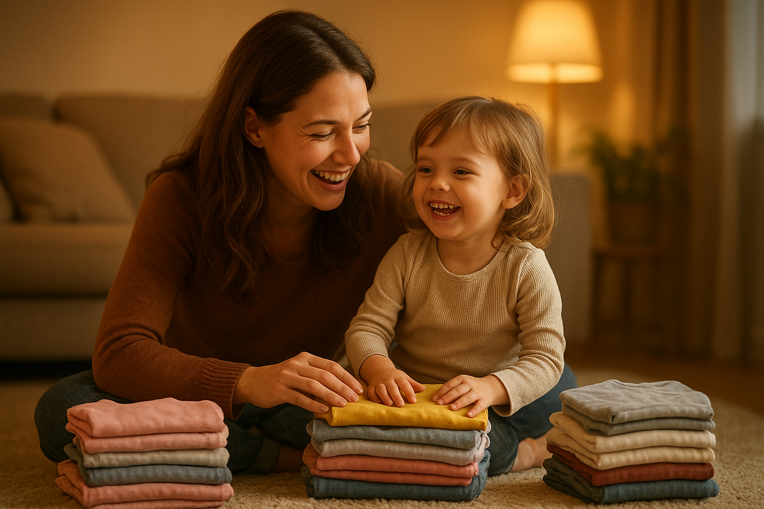 Parent and child sorting outgrown kids' clothes together at home before a clothing swap