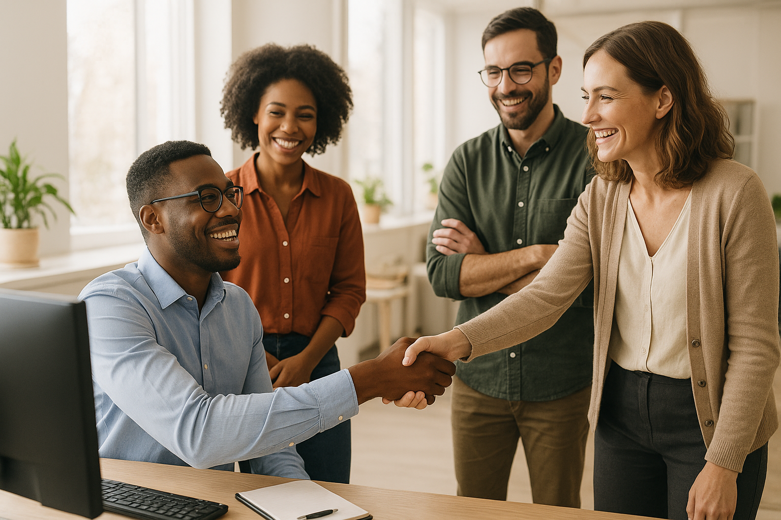 Team welcoming a new hire as part of a structured employee onboarding process