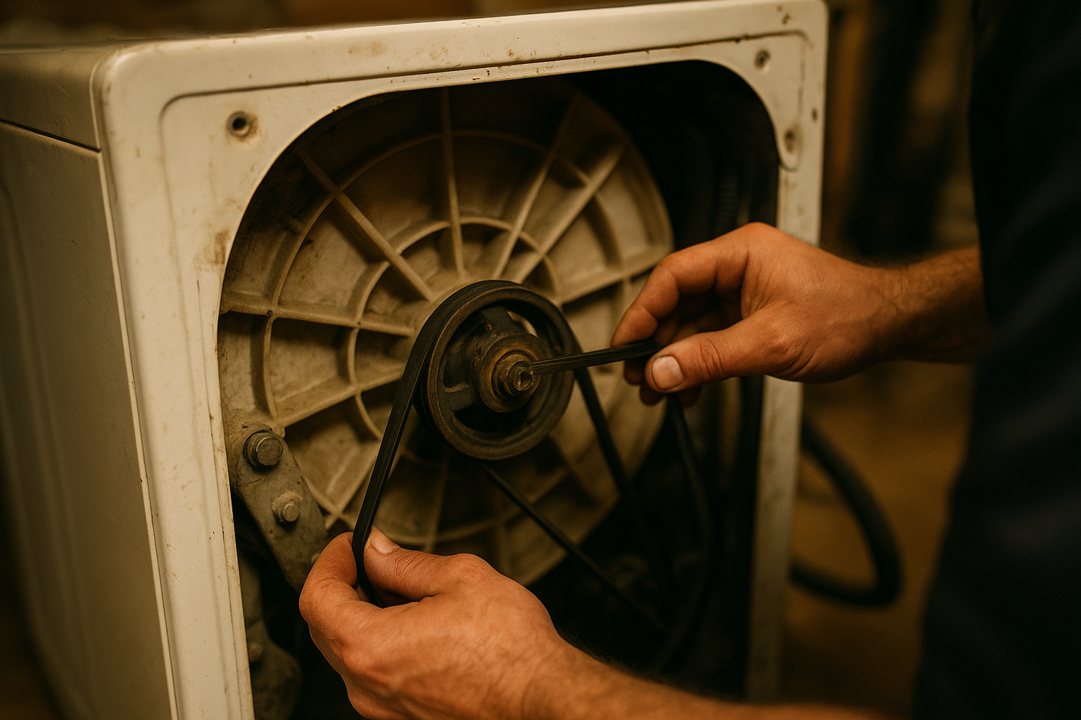 Technician checking a drive belt as one of several washer won't spin solutions