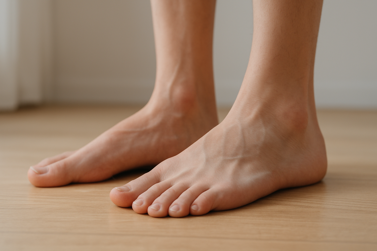 Flat feet with collapsed arches standing on a wooden floor illustrating the need for shoe inserts for flat feet