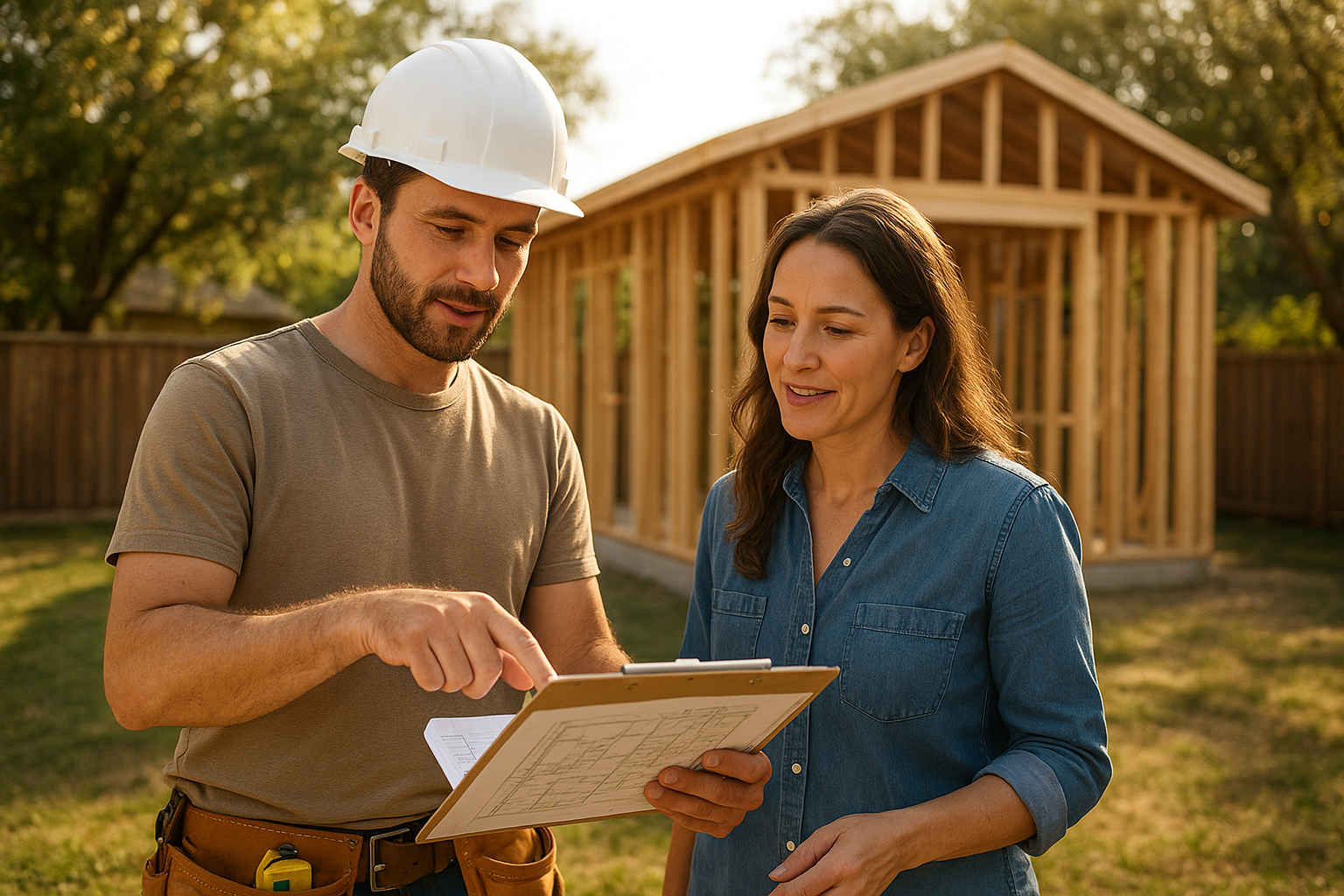 Contractor and homeowner reviewing plans during ADU construction project management