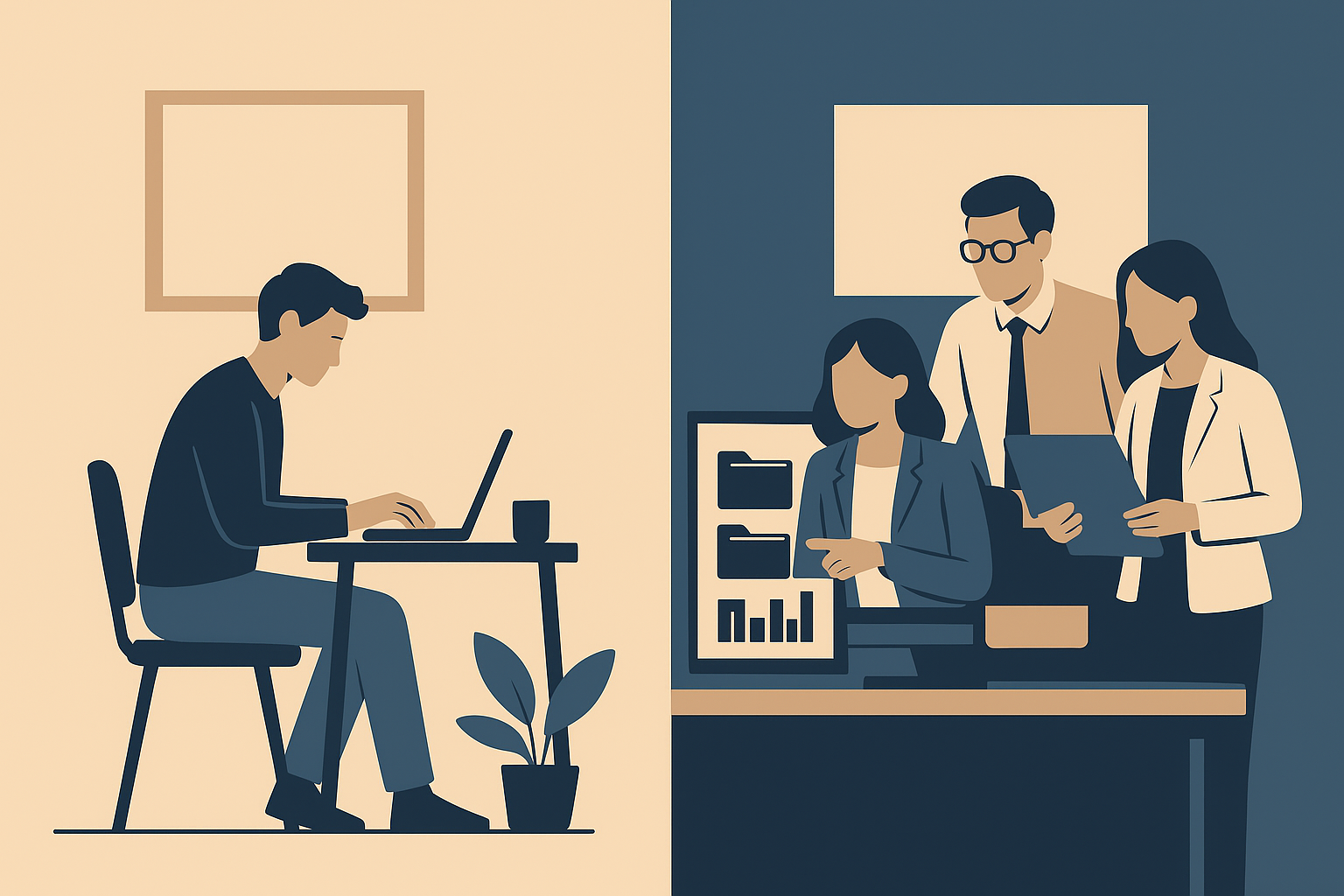 comparison illustration of a solo business owner and an accounting firm team using billing software