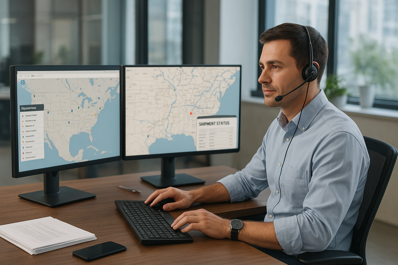 Freight broker monitoring multiple LTL shipment statuses across several computer screens