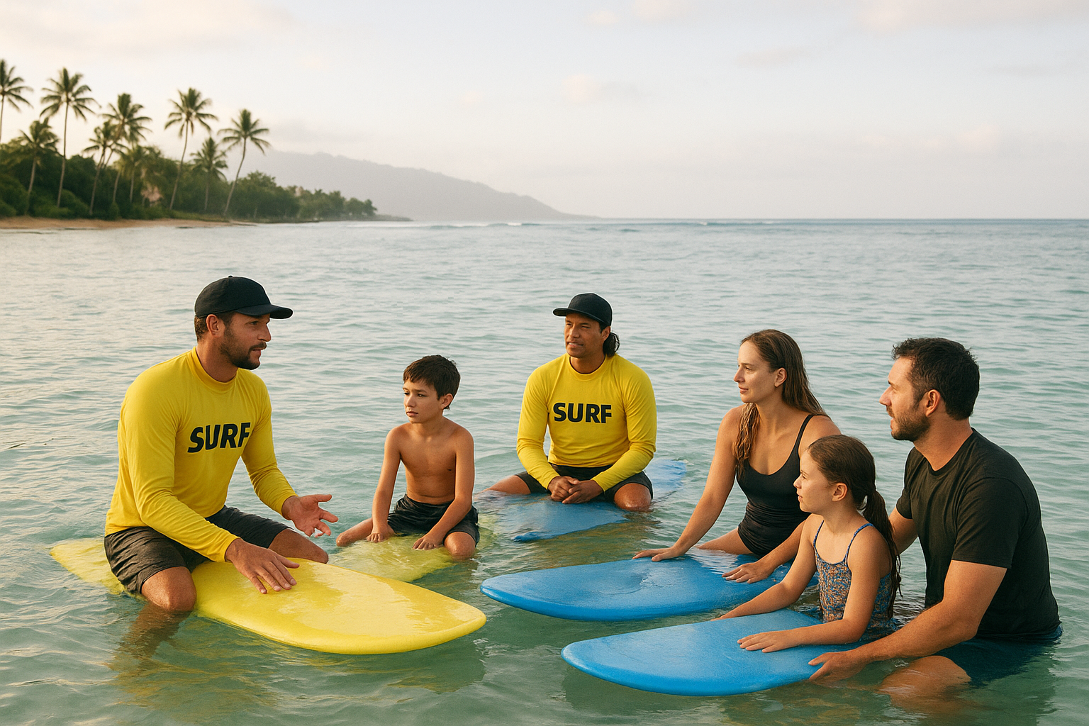 Surf instructors leading a family group surf lesson in shallow Hawaiian water