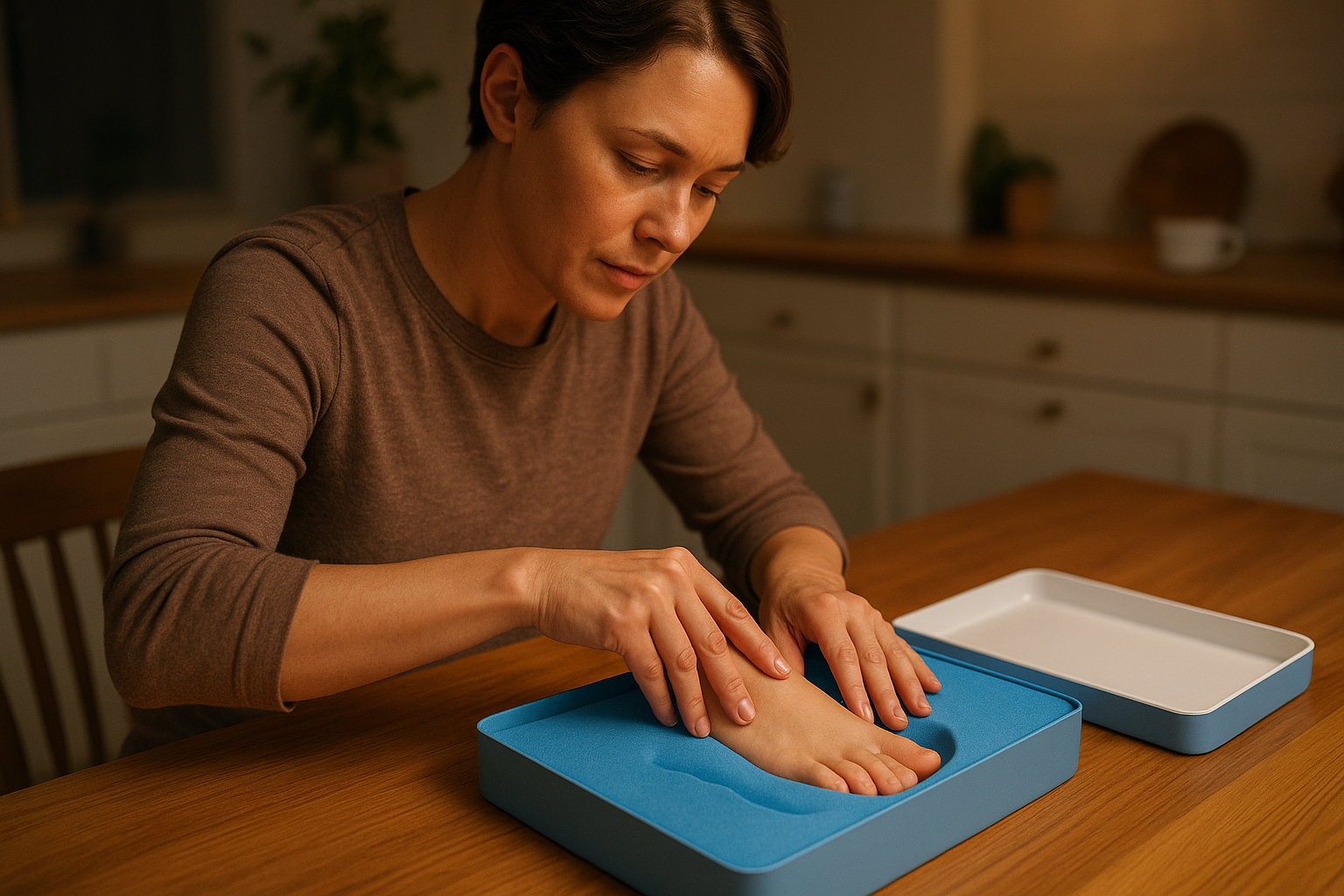 Person completing a foot impression kit at home to order custom orthotics online