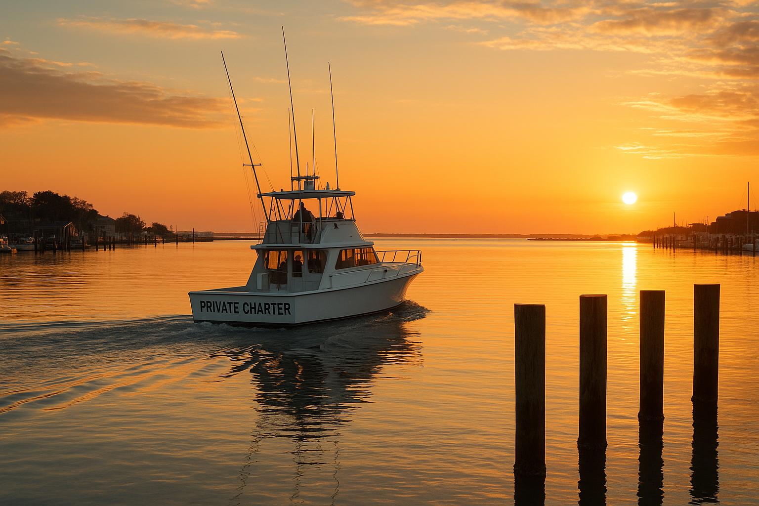 Private fishing charters near me depart a North Myrtle Beach marina at sunrise
