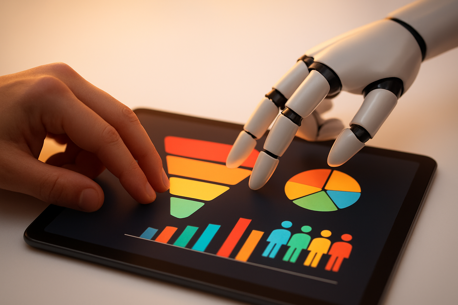 Human and AI collaboration on digital marketing strategy using a glowing tablet interface