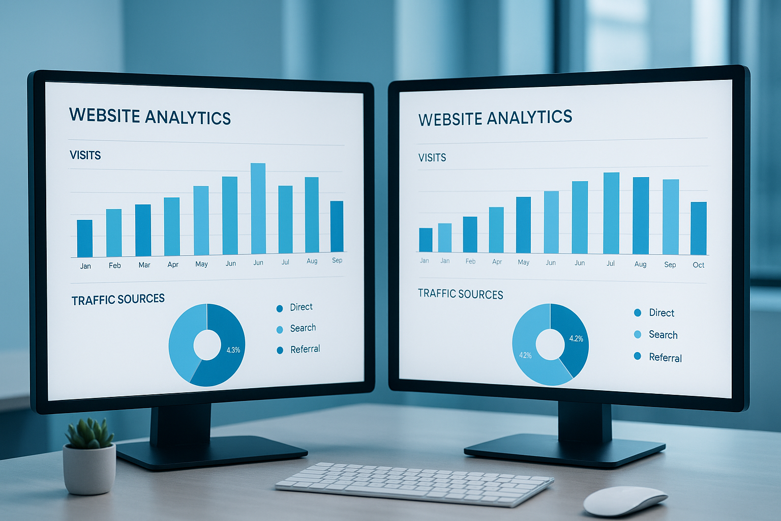 Competitor website traffic comparison using two analytics tools on desktop monitors
