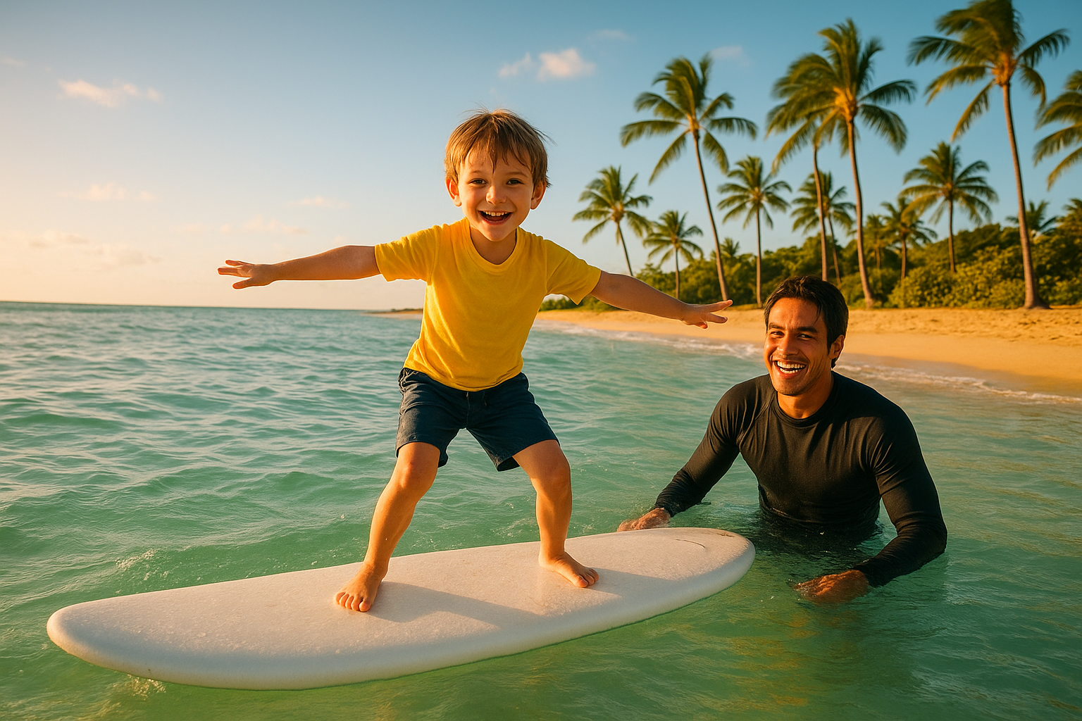 Young child standing on a surfboard during kids surf lessons in Waikiki with instructor nearby