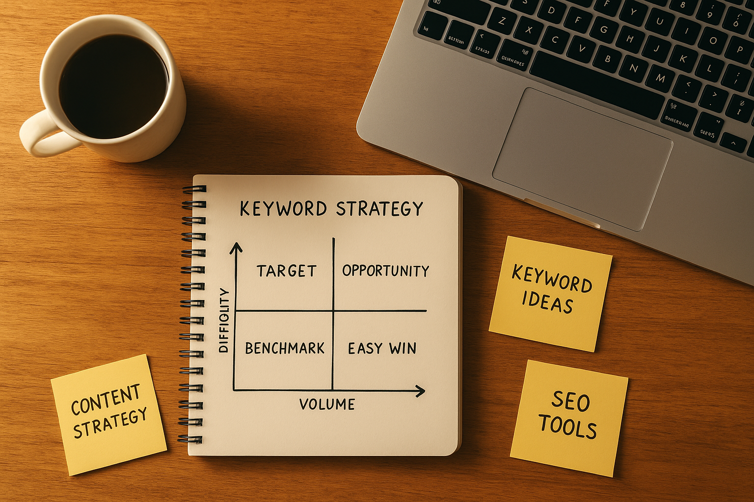 Keyword strategy framework notebook showing difficulty and volume matrix for SEO planning