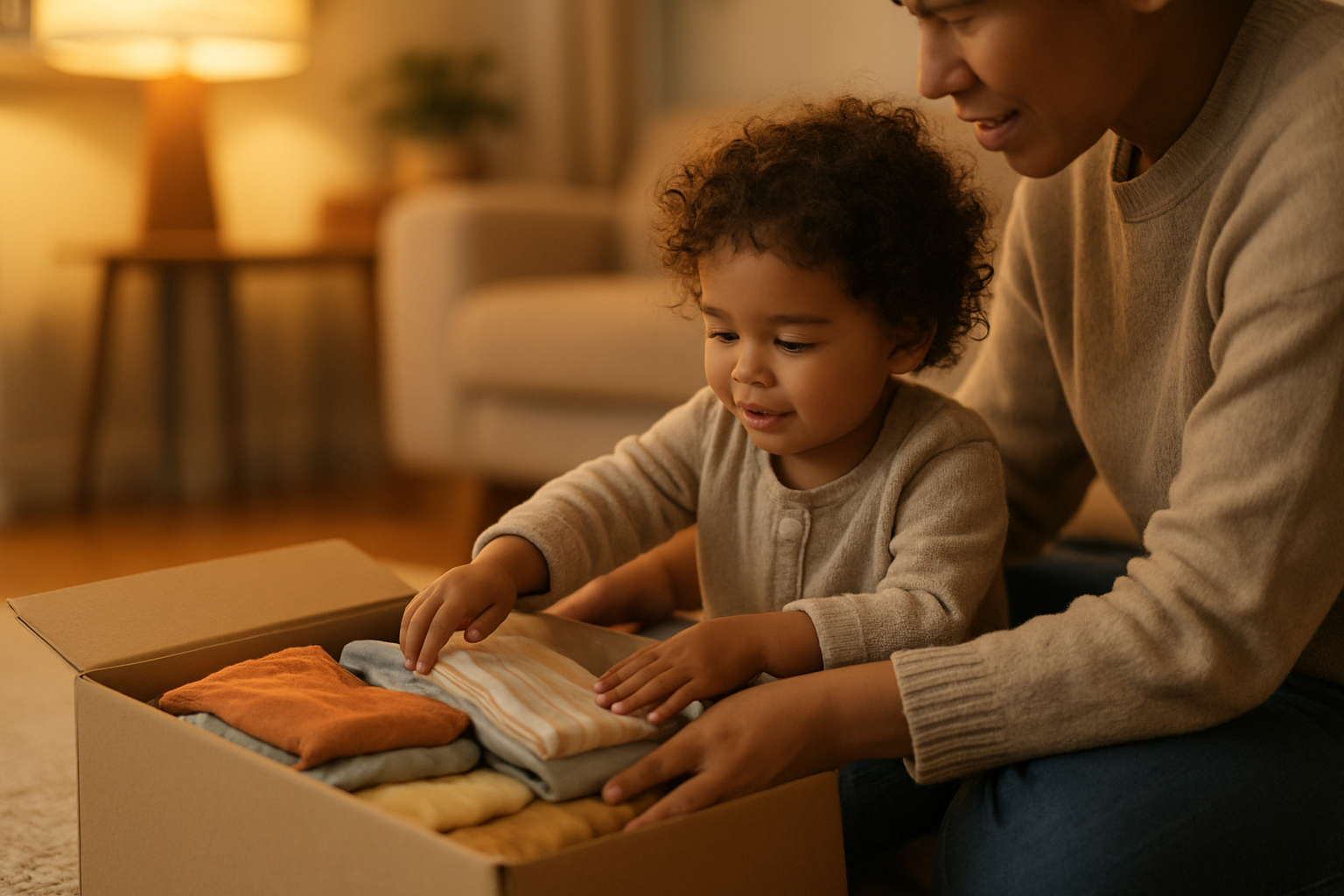 Parent and child unboxing a children's clothing rental delivery at home