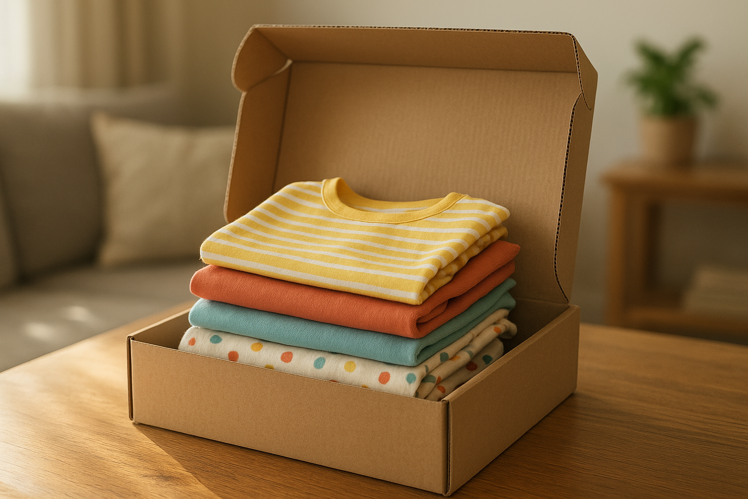 Children's outfit rental subscription box with folded clothing on a wooden table
