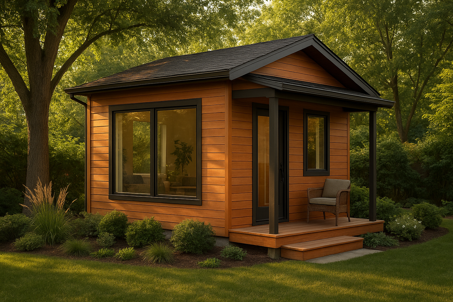Detached accessory dwelling unit ADU with cedar siding in a residential backyard