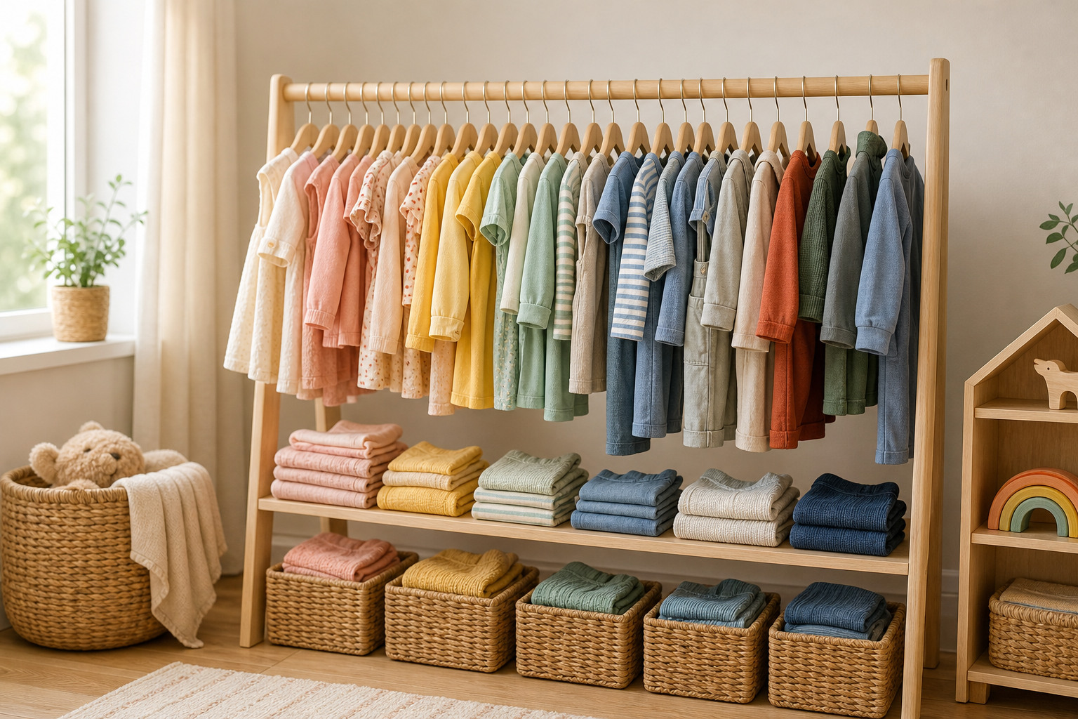 Rack of colorful, high-quality children's outfits ready for a rental subscription shipment