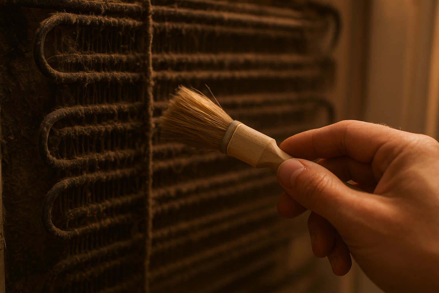 Dusty condenser coils being cleaned during fridge maintenance